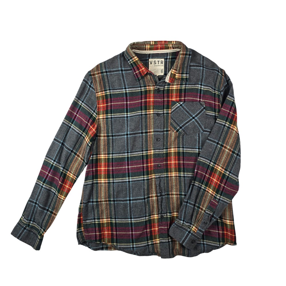 VSTR Premium Plaid Flannel Button Down Shirt Men XL Grey Multi Color 100% Cotton